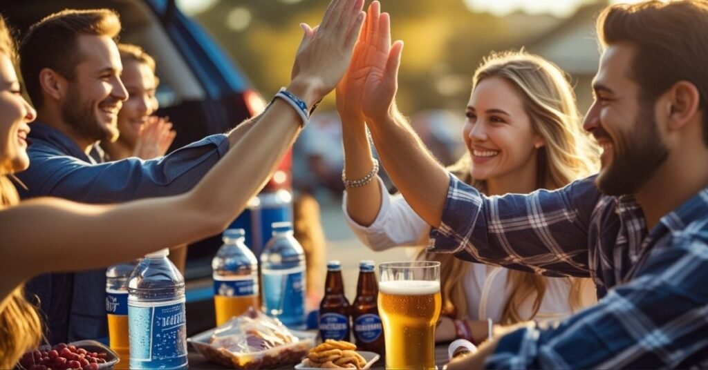 Power Hour Drinking Game: The Ultimate 2025 Guide on How to Play, Rules, and Safety Tips 6 A group of young adults happily playing a drinking game around a table with shot glasses in a decorated living room.