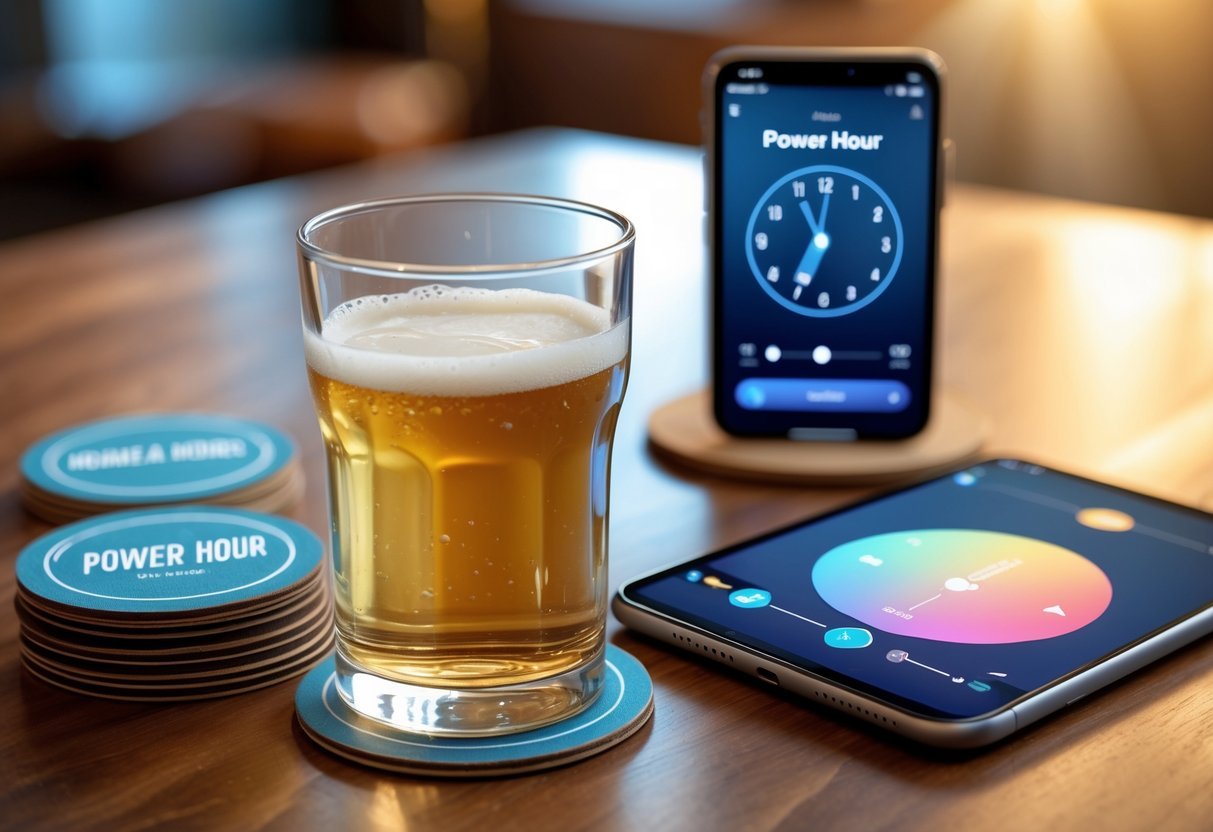 Power Hour Drinking Game: The Ultimate 2025 Guide on How to Play, Rules, and Safety Tips 2 A table with a glass of beer, a smartphone showing a timer, and coasters arranged for a drinking game.