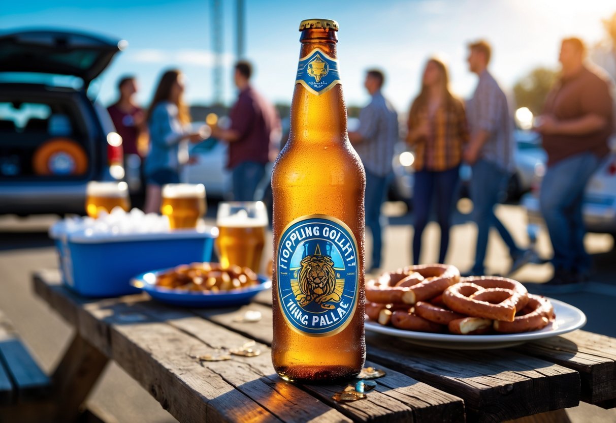 Best Tailgating Beer Picks for Your Next Game Day Party 1 A chilled bottle of Toppling Goliath King Sue Pale Ale on a picnic table with tailgating snacks and friends outdoors near a stadium.