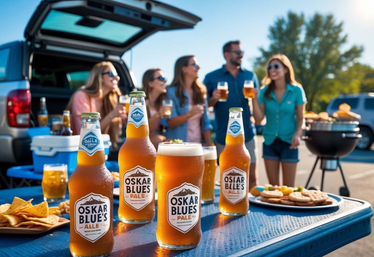 Best Tailgating Beer Picks for Your Next Game Day Party 2 A group of friends enjoying a sunny outdoor tailgate party with bottles and cans of amber-colored beer on a table, a parked truck, grill, and folding chairs in the background.
