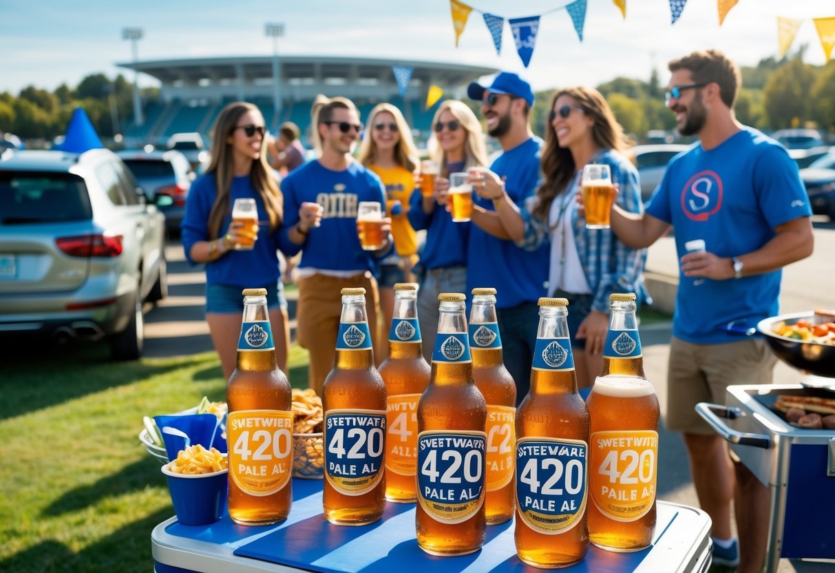 Best Tailgating Beer Picks for Your Next Game Day Party 3 A group of friends enjoying a tailgate party outdoors with bottles of pale ale on a table, surrounded by snacks and a grill near a stadium.