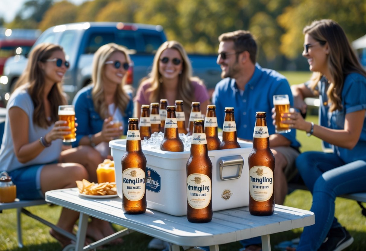 Best Tailgating Beer Picks for Your Next Game Day Party 4 A group of friends enjoying Yuengling Traditional Lager beer outdoors at a tailgate party near a parked truck with a football game in the background.