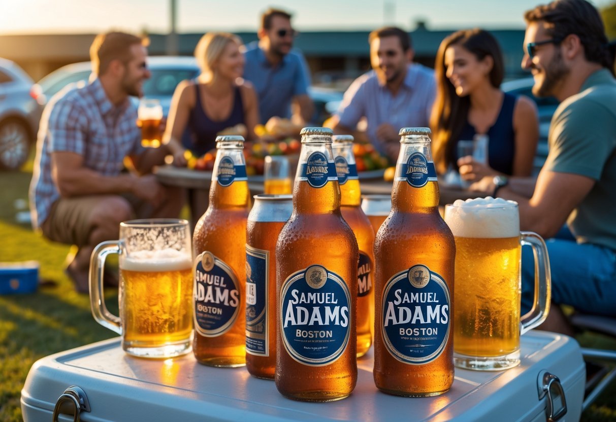 Best Tailgating Beer Picks for Your Next Game Day Party 5 A group of friends enjoying a tailgate party outdoors with bottles and mugs of amber beer on a picnic table, surrounded by grilling and lawn games near a stadium.