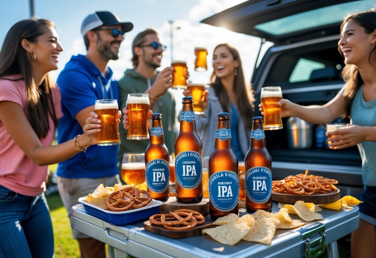 Best Tailgating Beer Picks for Your Next Game Day Party 7 A group of friends enjoying Lagunitas IPA beers while tailgating outdoors near a parked vehicle with snacks and sunny weather.