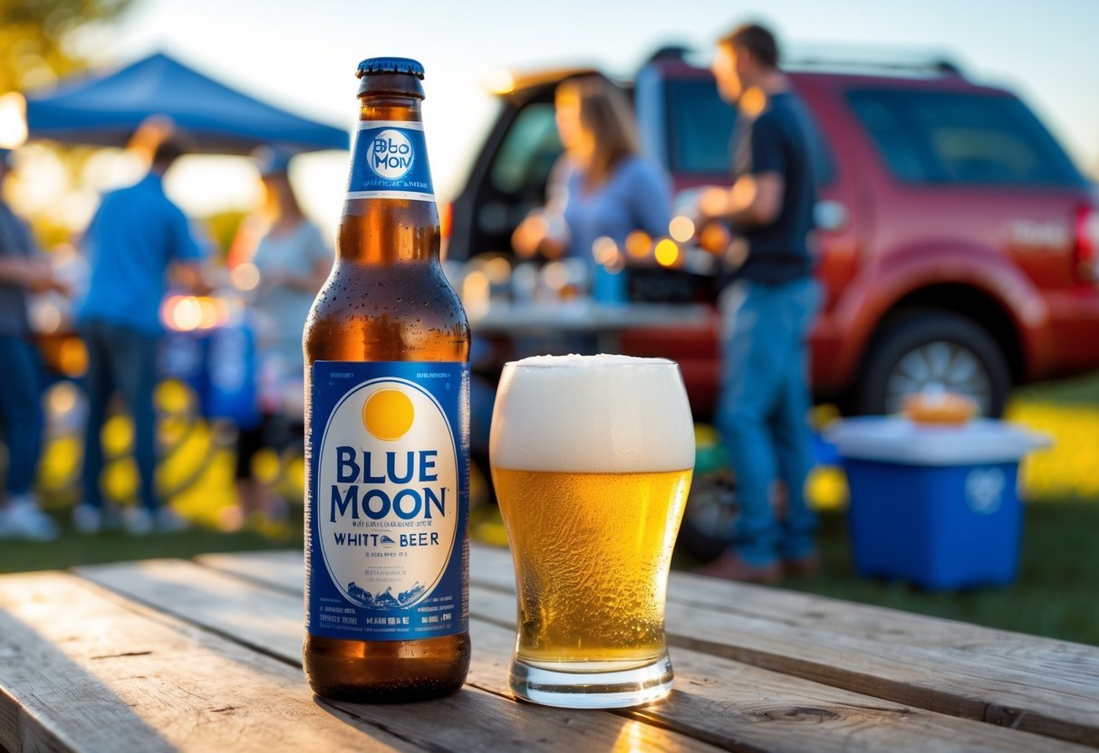 Best Tailgating Beer Picks for Your Next Game Day Party 8 A chilled Blue Moon Belgian White beer bottle and glass on a wooden table at a lively outdoor tailgating party with people and tents in the background.