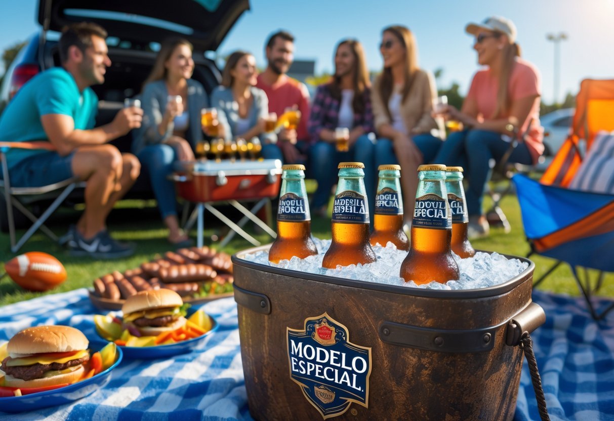 Best Tailgating Beer Picks for Your Next Game Day Party 10 A group of friends enjoying a sunny outdoor tailgate party with cold bottles of Modelo Especial beer in an ice-filled cooler surrounded by grilled food and picnic items.